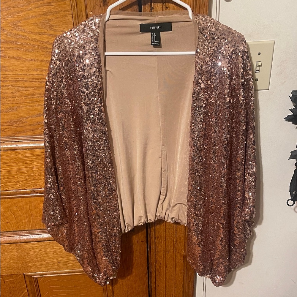 Forever 21 Women's Rose Gold Sequin Batwing Jacket Cardigan